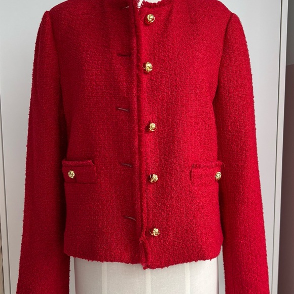 LOFT Red Tweed Structured Collarless Blazer - Picture 3 of 6